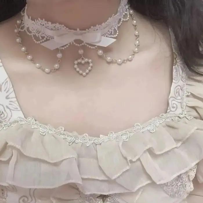 Collier en dentelle perlée Sweet Lolita Y2K nœud papillon pour femmes romantique mignon occassions spéciales quotidienne