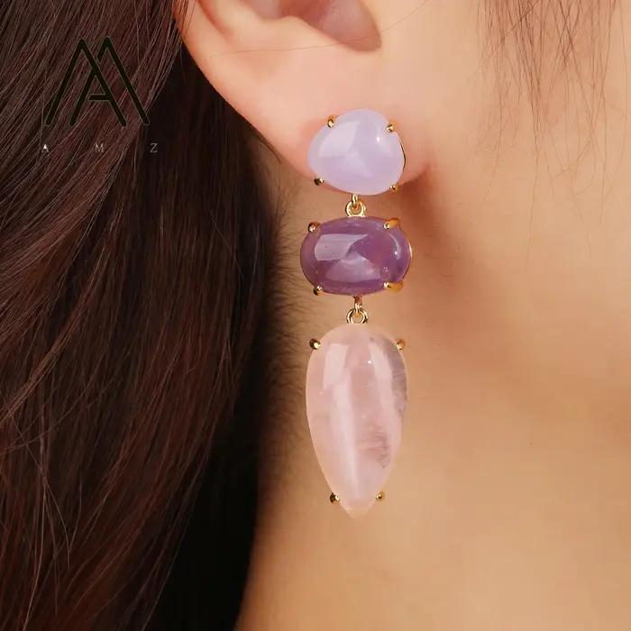 Boucles d'oreilles en Quartz Rose naturel pour femmes