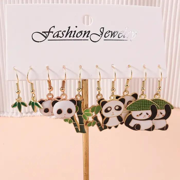 5 paires de jolies boucles d'oreilles Panda en bambou pour femmes et filles