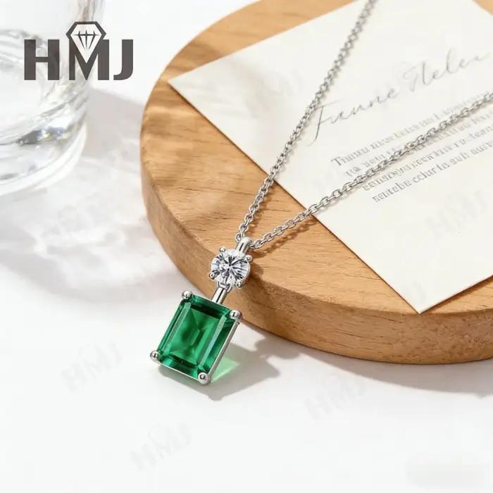 Collier en argent sterling 925 avec pendentif émeraude de Colombie cultivée en laboratoire de 1