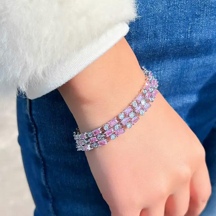 Pera élégant femmes grande chaîne de Tennis large Bracelets rose Zirocnia 3 rangées conception main décor mariage fête des mères bijoux cadeau B041
