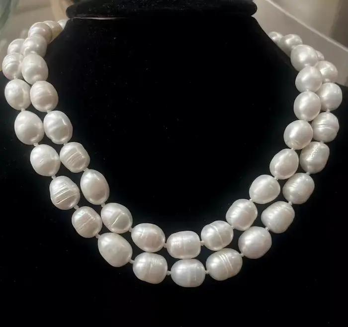 Nouveau collier de bijoux grand 2 rangées 10-12mm riz Baroque blanc collier de perles de culture d'eau douce 18-19"