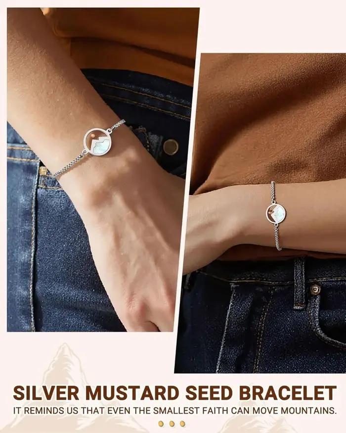 Bracelet en acier inoxydable plaqué or et argent avec breloque de graines de moutarde, symbole de foi et de force pour femmes et occasions spéciales