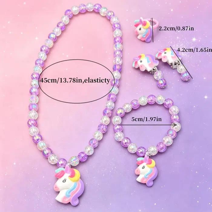 Ensemble de bijoux licorne pour enfants collier bracelet bague boucles doreilles accessoire de déguisement princesse partie cadeau occasionnelle