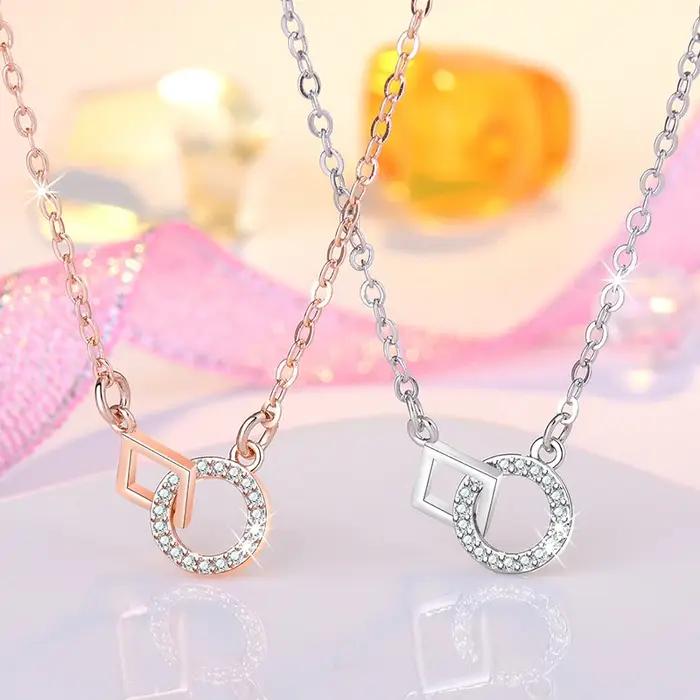 Pendentif rond et carré en argent sterling 925 et or rose avec design géométrique pour femmes, bijou moderne pour soirées et occasions spéciales