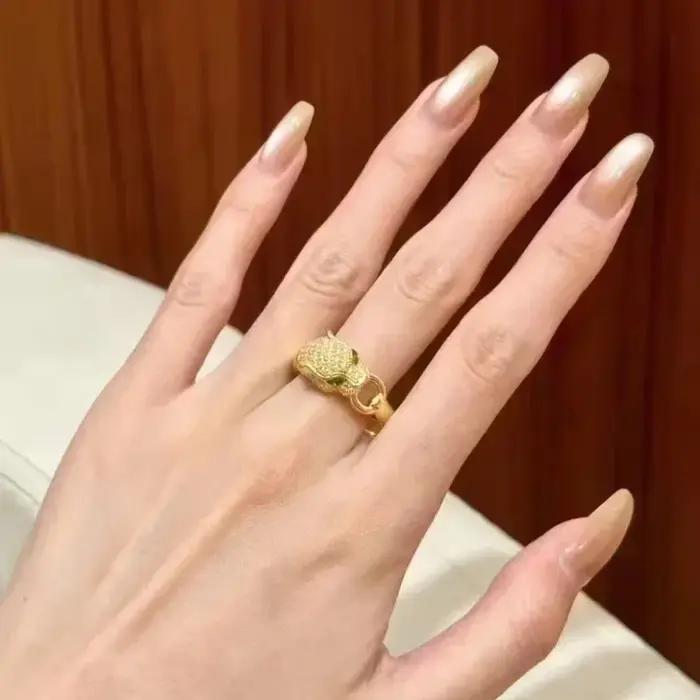 Bague tête de léopard en or véritable 18 carats AU750