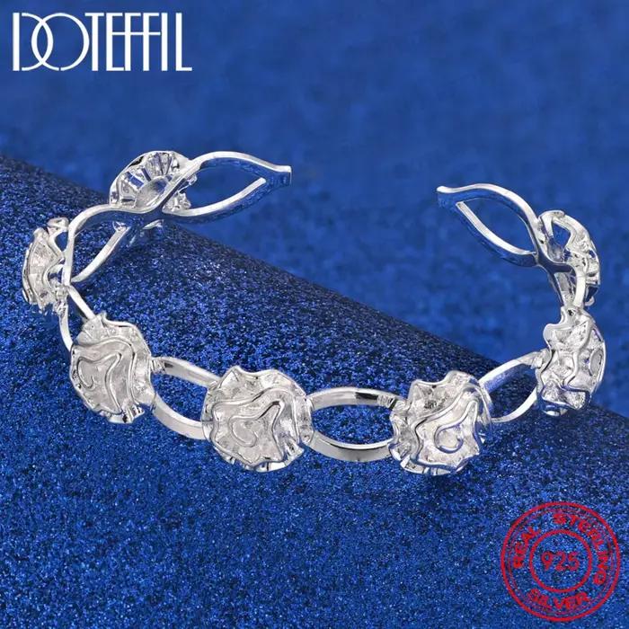 Bracelet ouvert en argent sterling 925 avec fleur de rose – Bijoux glamour pour femmes lors des fêtes