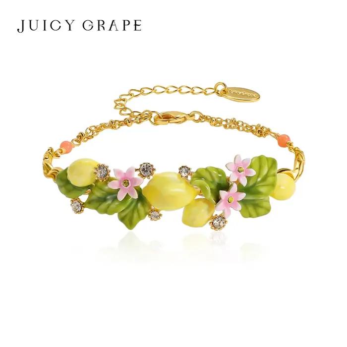 Bracelet Citron Émaillé Plaqué Or 'Juicy Grape' Femme Bohème Réglable Occasions Spéciales Fleur Fruit Jaune