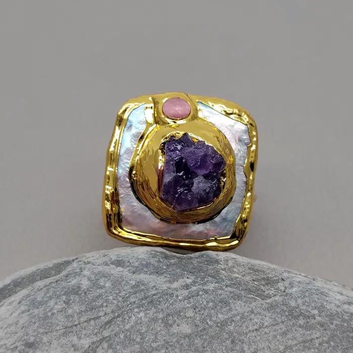 Y.YING – bague brute Druzy avec perles carrées blanches de culture, améthyste violette, réglable, fa
