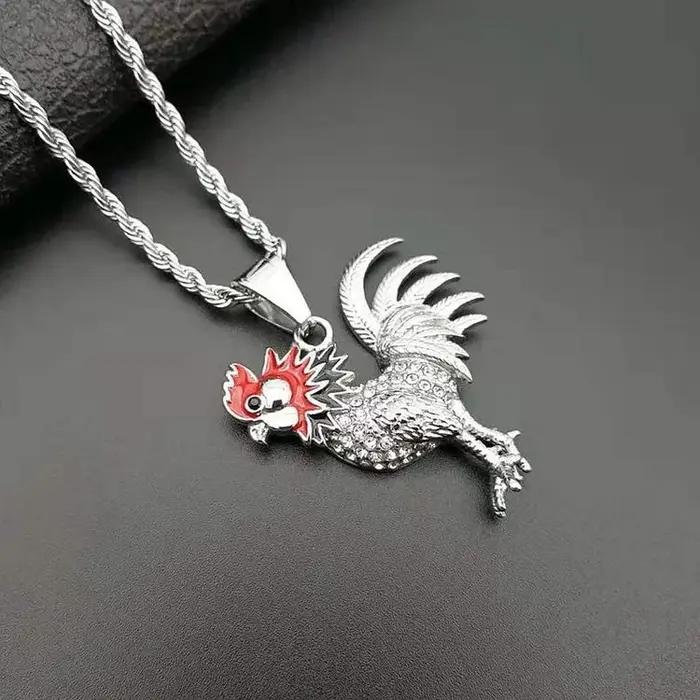Collier en acier au titane avec biscuits plaqués or, pendentif coq, 12 accessoires du zodiaque, anim
