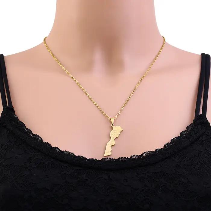 Nouveau Collier Pendentif Carte du Maroc 2026 en Acier Inoxydable pour Femme et Homme