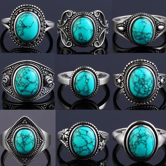 Bague Vintage en Argent Sterling S925 Turquoise Naturelle Bijou Luxe Cadeau Anniversaire Fête Spéciale Femme Occasions Spéciales