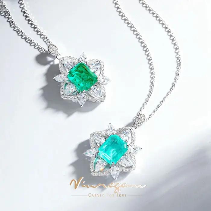 Vinregem émeraude Paraiba Tourmaline haute teneur en carbone diamant gemmes pendentif colliers solide 925 en argent Sterling bijoux fins en gros