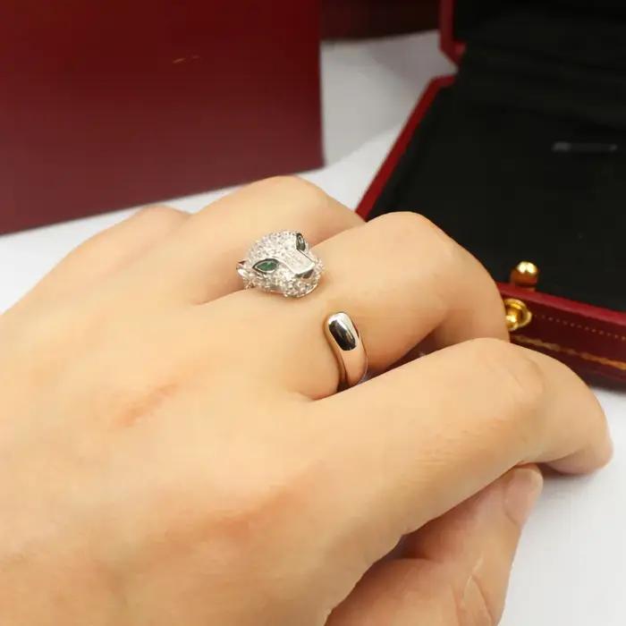 Bague de cocktail en argent sterling 925 avec motif tête de léopard cristal pour femmes et hommes occasions spéciales