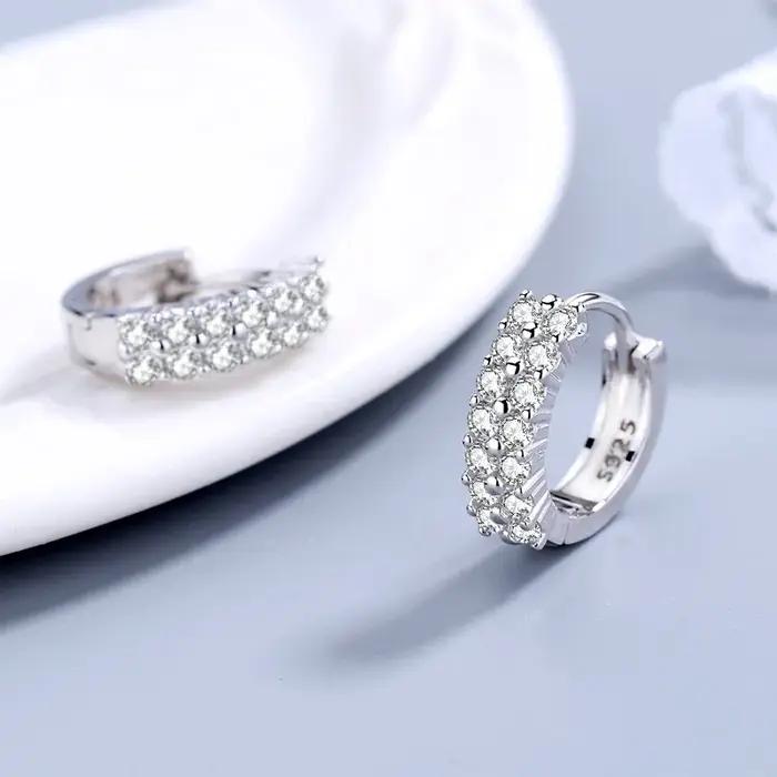 URMYLADY 925 boucles d'oreilles en argent Sterling aiguille mode haute qualité bijoux Double rangée cristal Zircon clou rond