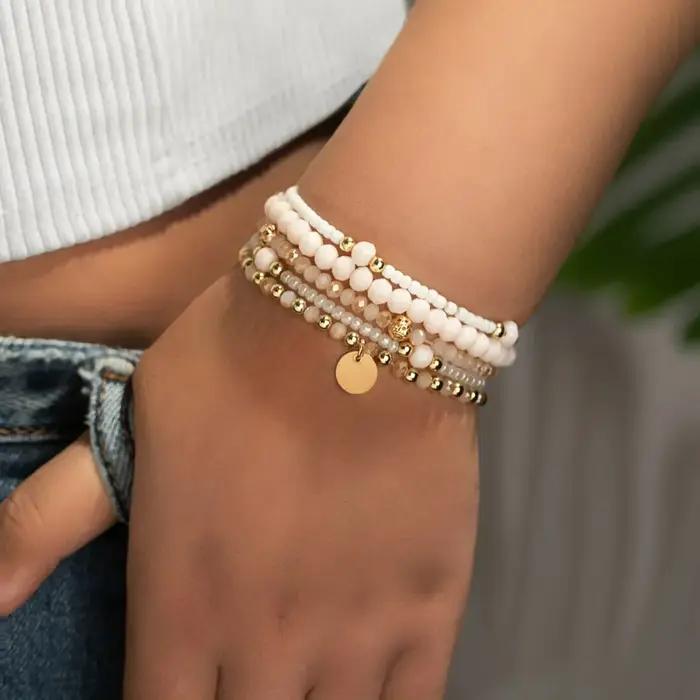 5 pièces/ensemble breloque résine perlée mode Bracelet ensemble pour femmes pièce ronde élastique perle chaîne
