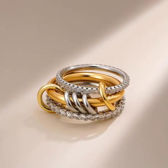 Bagues Empilables en Acier Inoxydable Plaquées en Or 18 Carats avec Zircone Cubique Pour Femmes Occasions Spéciales Ensembles De Mariage