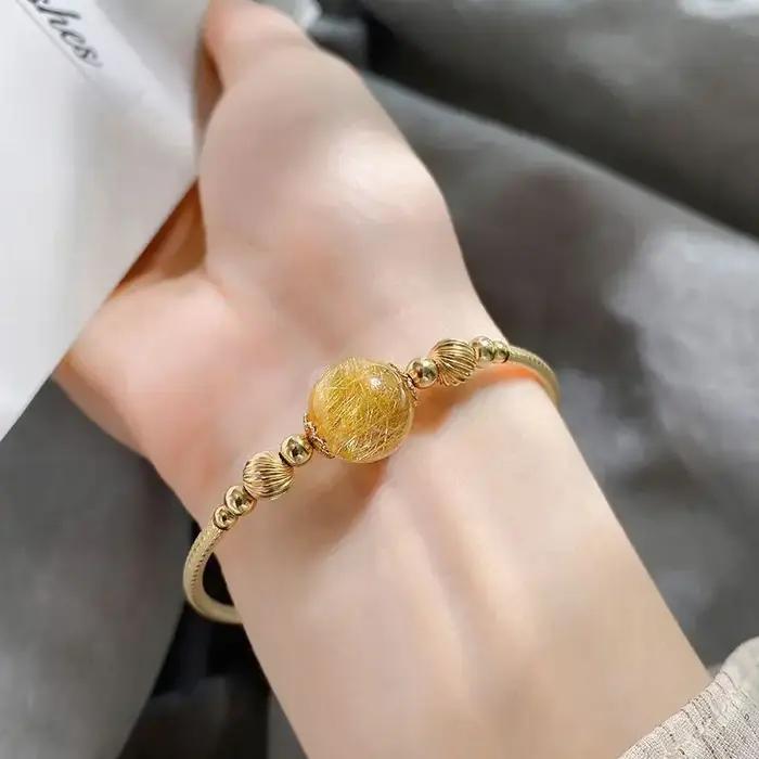 Cristal blond naturel cheveux denses perles porte-bonheur rondes simples plaqué or 14K Bracelet enroulé en or Citrine Collection bijoux pour femmes