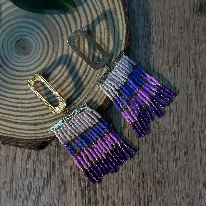 Boucles d'oreilles à franges en perles de rocaille bohème tissées à la main