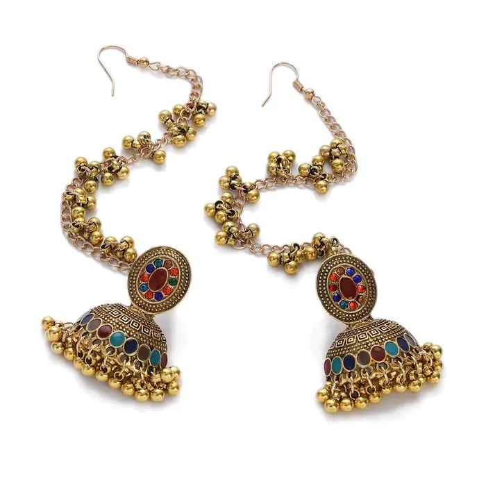Boucles d'oreilles ethniques indiennes couleur or cloche pendantes pour dames charme multicolore cristal bohème bijoux