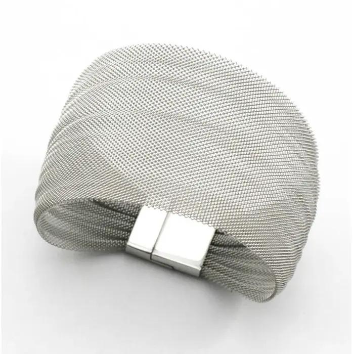 Bracelet en maille d'acier inoxydable large en métal couleur argent