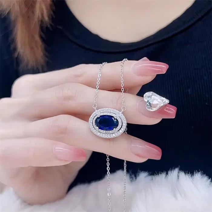 Collier avec pendentif en saphir pour femmes, en argent 925, de haute qualité, pierre précieuse bleue légère et luxueuse, chaîne ovale, bijoux de banquet, nouvelle collection
