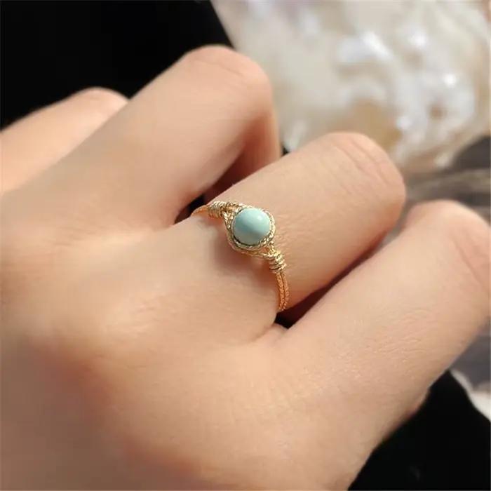 Bague en or naturel Turquoise 14K pour femmes, bijoux faits à la main, style Boho minimaliste