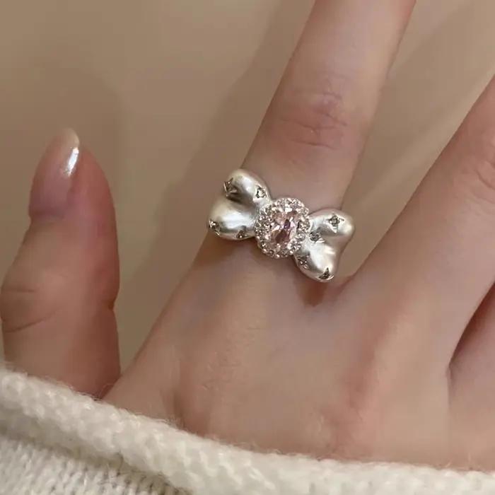 Bague nœud papillon rose zircon Y2K tendance Kpop pour femme