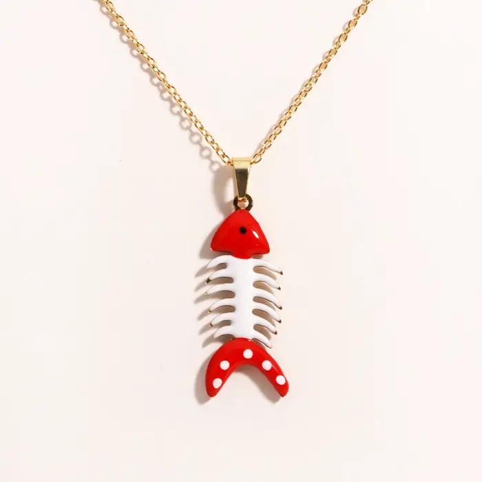 Colliers imperméables avec pendentif poisson en émail coloré pour femmes et filles, jolis bijoux de plage d'été en acier inoxydable couleur or
