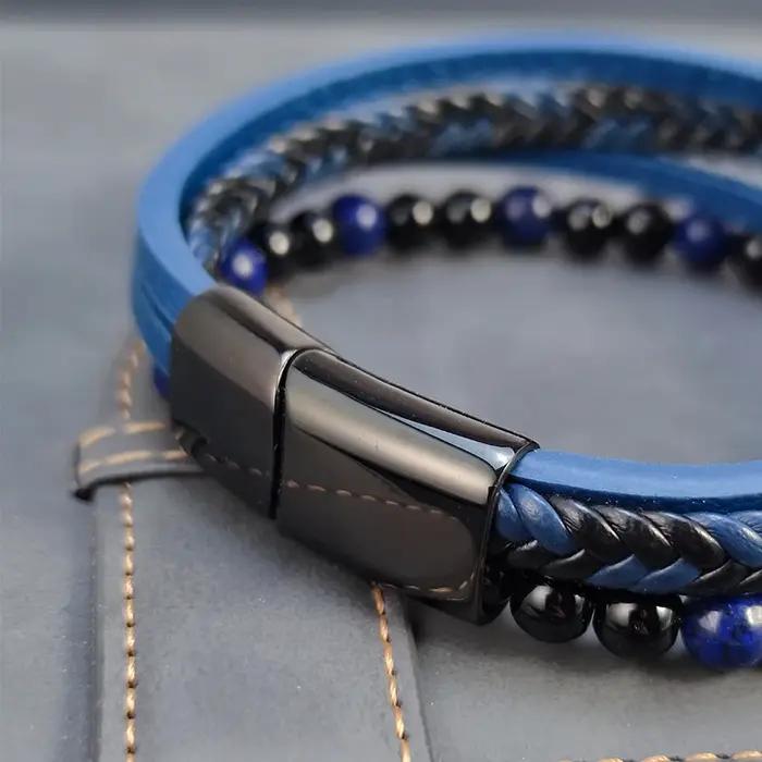 2025 nouveau Punk hommes Bracelets de perles classique mode bleu lapis lazuli perlé multicouche Bracelet en cuir