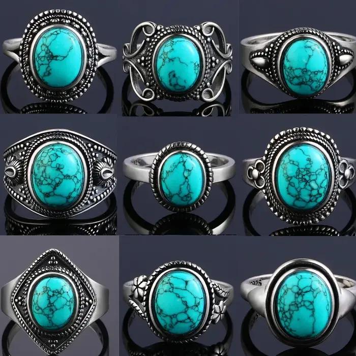 Bague vintage en turquoise naturelle plaquée argent 925 élégante pour femmes et hommes occasions spéciales anniversaire fiançailles mariage fêtes cadeau naissance