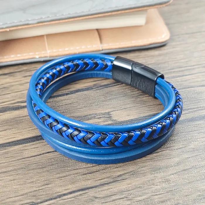 Bracelet vintage en cuir bleu et acier inoxydable pour homme, cadeau d'anniversaire occasion spéciale bijou de luxe rock punk classique