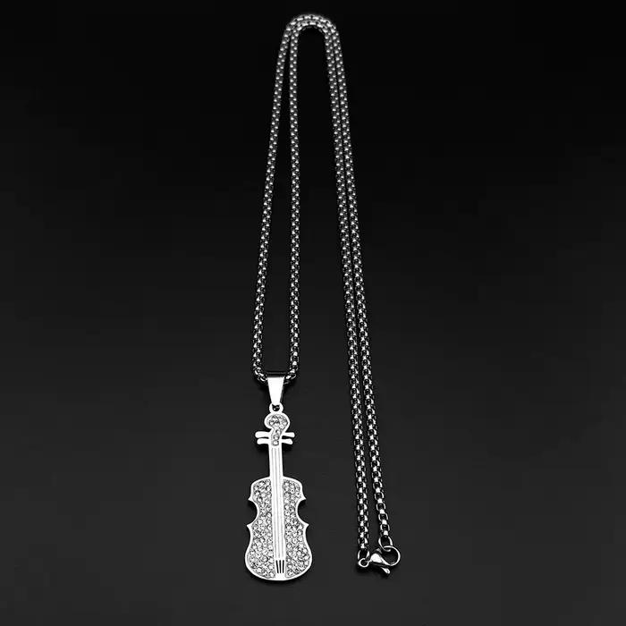 Collier Pendentif Violon Entièrement Orné de Strass pour Femme et Homme, en Acier Inoxydable Doré, Bijou Tendance pour Amateurs de Musique Classique, Cadeau