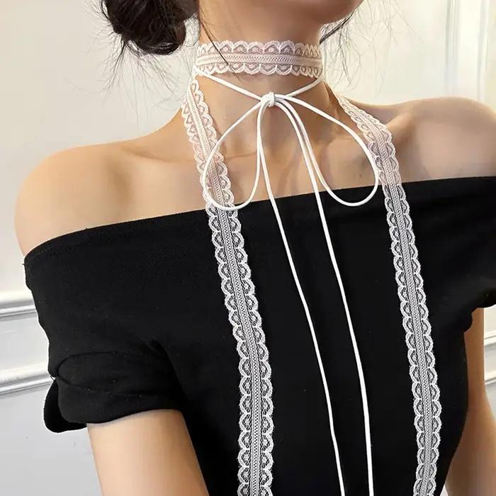 Collier en dentelle noire et blanche, Long ruban polyvalent, chaîne de clavicule superposée, ras du