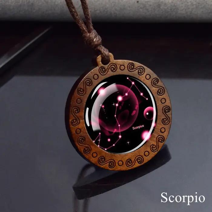 Collier pendentif en bois de verre rond du zodiaque