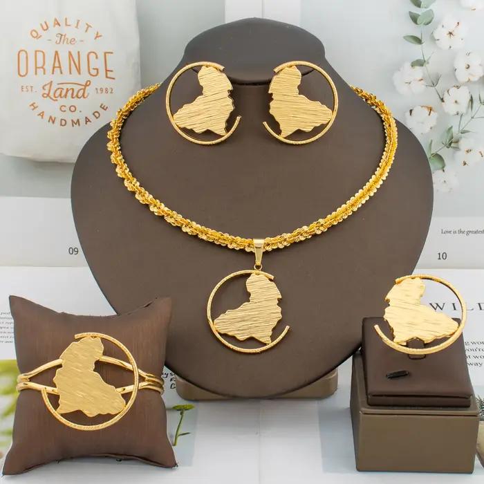 Ensemble de bijoux couleur or dubaï, chaîne Design carte africaine, boucles d'oreilles pour femmes, bague Barcelet, cadeau de fête de mariage