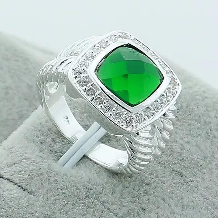 Magnifique bague carrée en argent Sterling 925 avec zircone émeraude