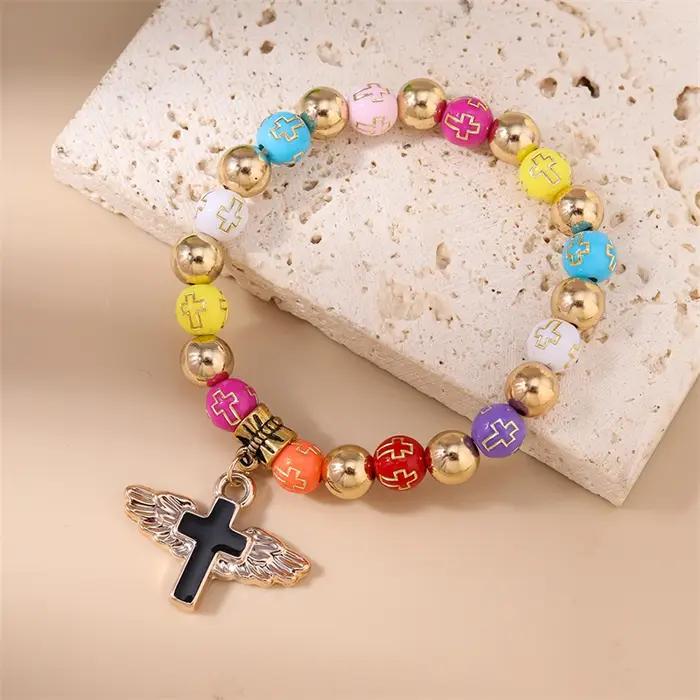 Bracelet de perles colorées fait main à la mode pour femmes, bracelet avec breloques croix, bijoux d