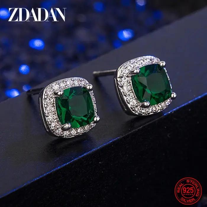 ZDADAN 925 argent Sterling 9mm carré émeraude boucle d'oreille pour les femmes bijoux de mode