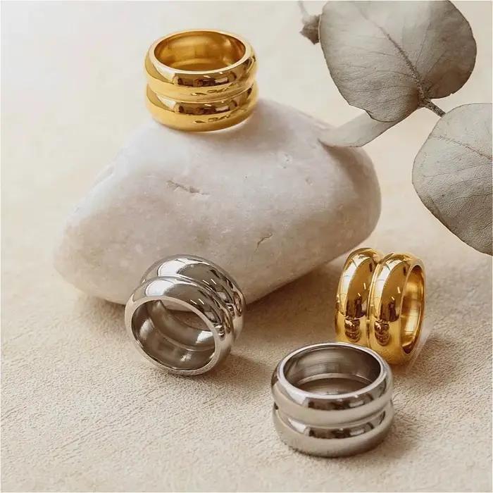 Bague en acier inoxydable Double couche pour femmes, dôme épais, empilable, minimaliste, Vintage, épais, grand, double bande, bijoux étanches