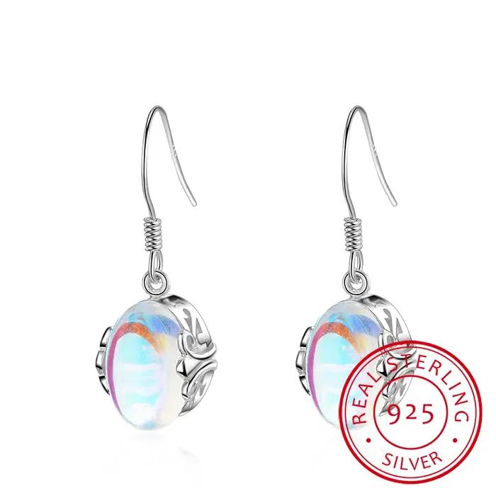 Pierre de lune 925 en argent Sterling coloré pierre naturelle longues boucles d'oreilles pour les fe