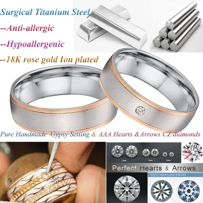 Bagues de mariage en acier inoxydable plaqué or rose avec zirconium blanc ou vert pour homme et femme occasions spéciales romantiques