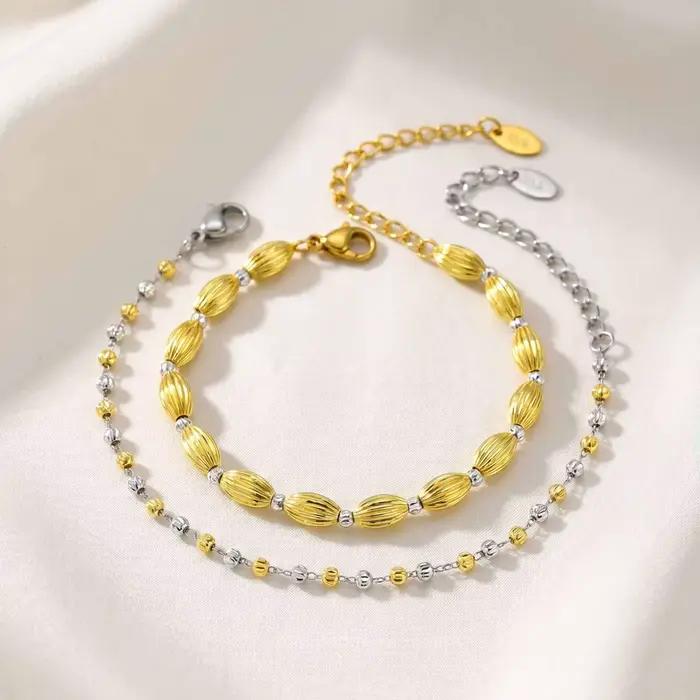 Bracelet à billes texturées bicolores pour femmes, chaîne délicate en acier inoxydable plaqué or 18 carats, résistant au ternissement et à l'eau