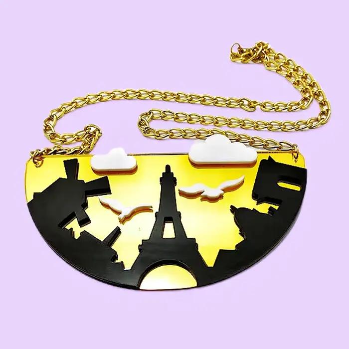 KUGUYS Paris – collier avec pendentif demi-cercle tour Eiffel pour femmes, grand bijou en acrylique