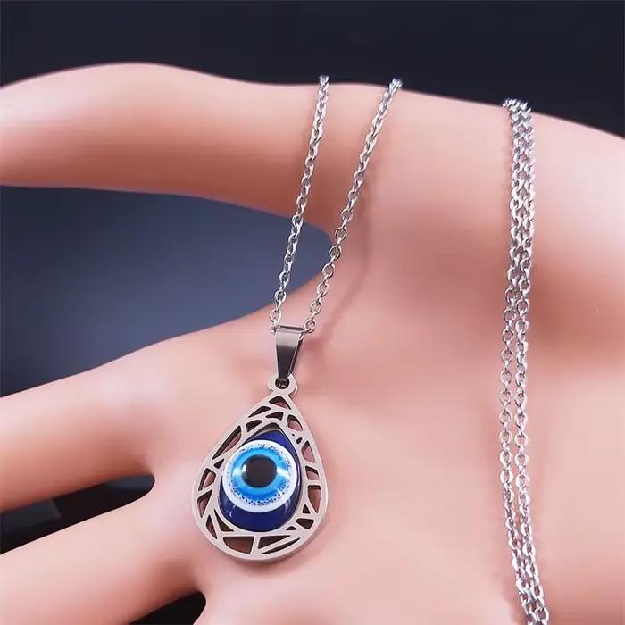 Collier avec pendentif mauvais œil bleu turc pour femmes et hommes, en acier inoxydable, couleur argent, yeux porte-bonheur, amulette, bijoux de Protection N8022S01