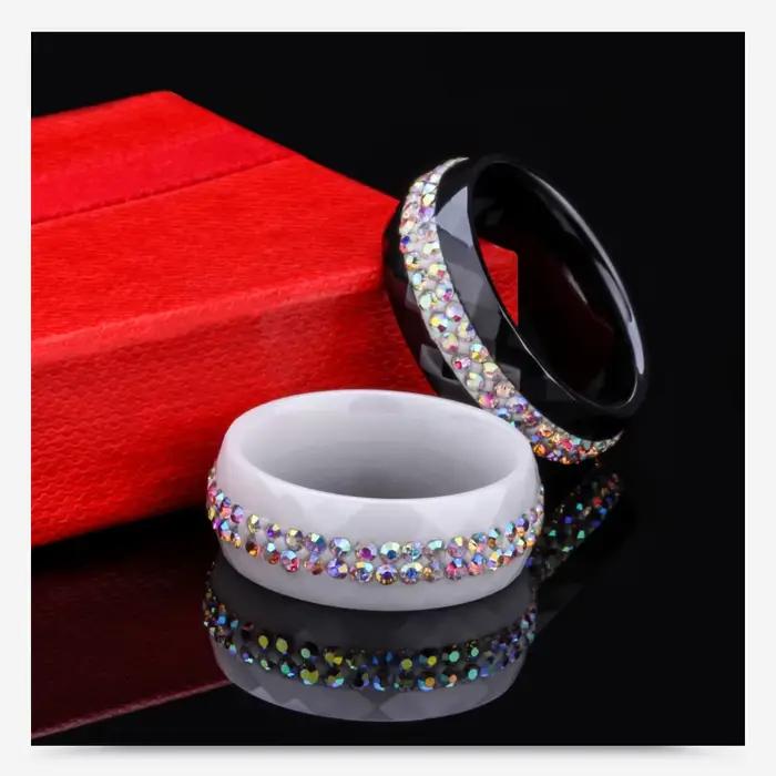 Bague de fiançailles/mariage en céramique noire et blanche avec cristal AB élégante pour femmes occasions d'engagement et mariages
