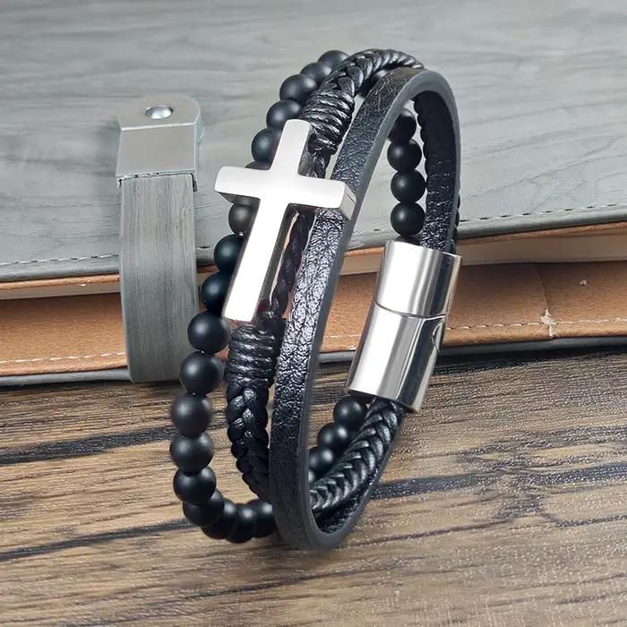 Bracelet croisé en cuir tressé multicouche pour homme