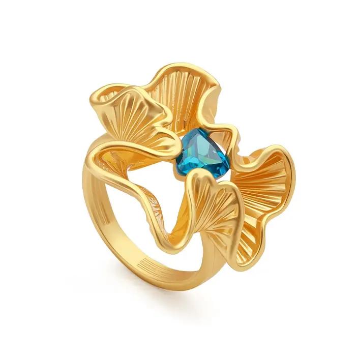 VAROLE Bague à bande florale à pétales ondulés pour femme Bague de déclaration géométrique italienne en laiton avec pierre précieuse bleue lumineuse