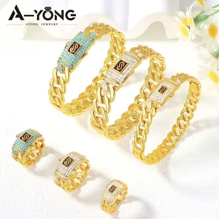 Parure de bijoux en zirconium de mode arabe, plaqué or 24 carats, pour mariée nigériane, bracelet et bagues punk, bijoux hip-hop pour femmes de Dubaï