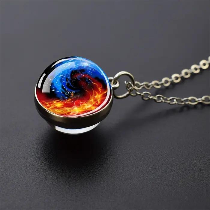 Collier Yin Yang Tai Chi avec motif de feu d'eau, pendentif boule de verre de 20mm, chaîne réglable,
